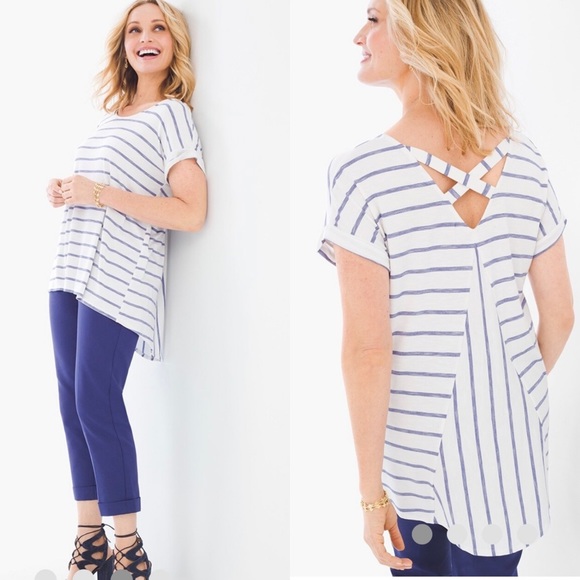 Chico's White/Blue Striped ¾ Sleeve Back Detail Knit Tunic 100% Cotton 1 US 4/6 - Picture 2 of 16